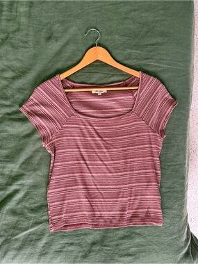 Madewell Striped Burgundy Short Sleeve Scoop Neck Top